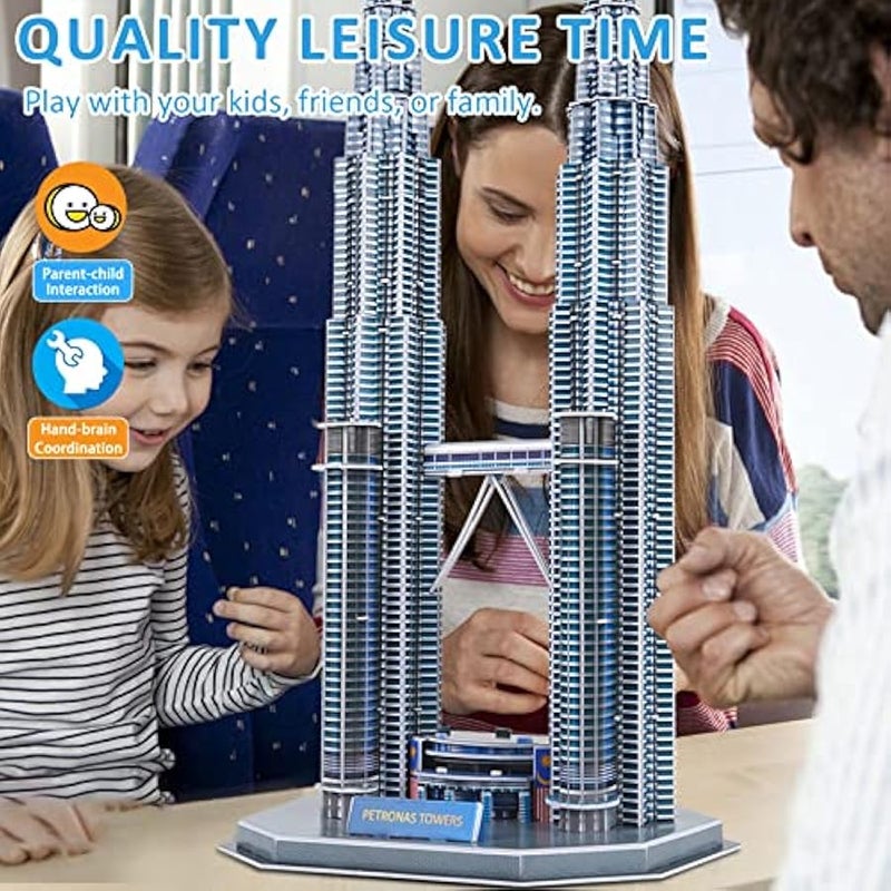 مجموعة احجية جيغسو ثلاثية الابعاد يمكنك تركيبها بنفسك، لنموذج بناء برجي بتروناس في المدينة، العاب تعليمية ستيم هدية عيد ميلاد للمراهقين والاولاد والبنات من 6 سنوات فما فوق والبالغين، 130 قطعة - Image 5